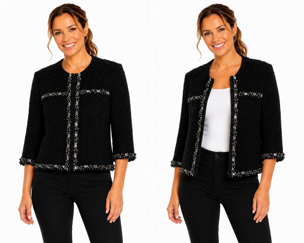 St. John Couture Black Beaded Trim Jacket Size 8 Boucle Knit 3/4 Sleeve Button
